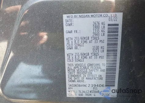 2022 Nissan Pathfinder Sv 2Wd from USA, damaged, VIN 5N1DR3BA4NC239406